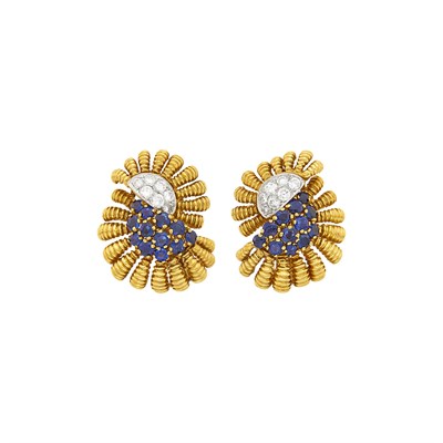 Lot 89 - Tiffany & Co. Pair of Two-Color Gold, Diamond and Sapphire Earclips