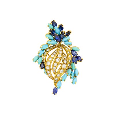Lot 91 - Gold, Diamond, Turquoise and Sapphire Clip-Brooch, France