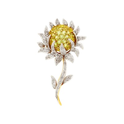 Lot 1072 - Two-Color Gold, Peridot and Diamond Sunflower Brooch