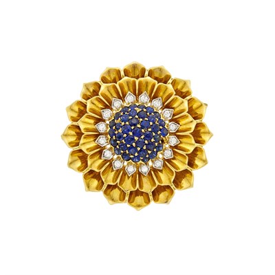 Lot 88 - Two-Color Gold, Sapphire and Diamond Flower Pendant Clip-Brooch