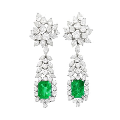 Lot 239 - Pair of Platinum, Diamond and Emerald Pendant-Earrings