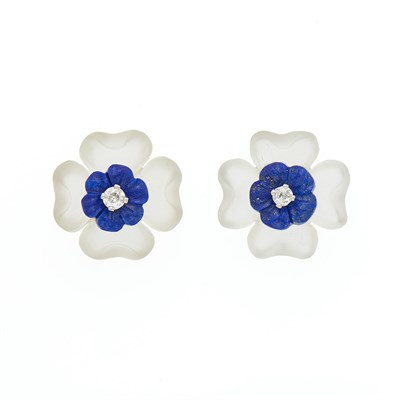 Lot 1082 - Pair of White Gold, Carved Frosted Rock Crystal and Lapis and Diamond Flower Earrings