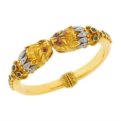 Lot 179 - Ilias Lalaounis Two-Color Gold, Diamond and Gem-Set Chimera Bangle Bracelet