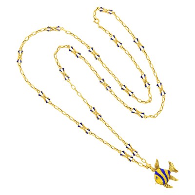 Lot 108 - Gold, Blue and Yellow Enamel Fish Pendant with Long Gold and Blue Enamel Chain Necklace