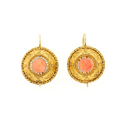 Lot 1142 - Pair of Etruscan Revival Gold, Coral and Seed Pearl Pendant-Earrings
