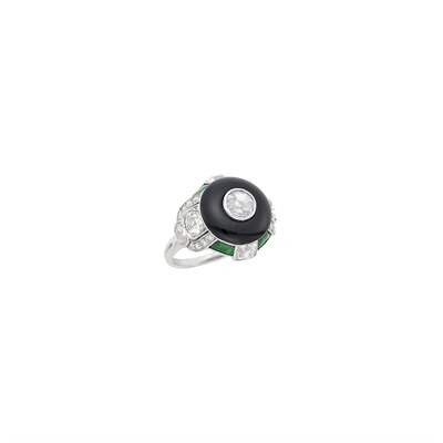 Lot 218 - Van Cleef & Arpels Platinum, Diamond, Black Onyx and Jade Ring, France