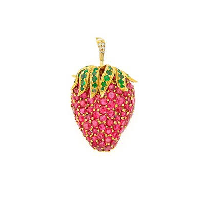 Lot 1069 - Hammerman Brothers Gold, Ruby, Emerald and Diamond Strawberry Brooch