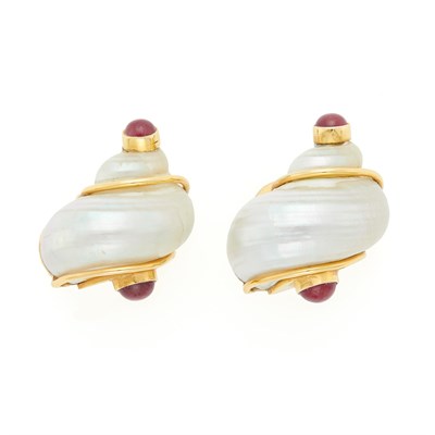 Lot 1025 - Seaman Schepps Pair of Gold, Shell, Cabochon Ruby 'Turbo Shell' Earclips