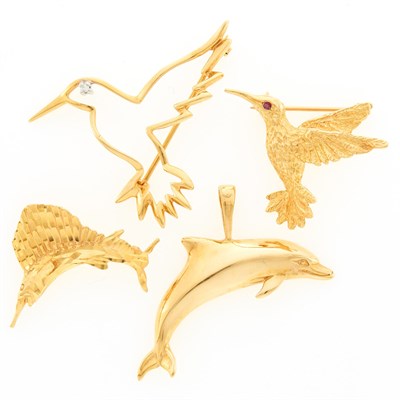 Lot 1168 - Two Gold Hummingbird Pins, Sailfish Pin and Dolphin Pendant