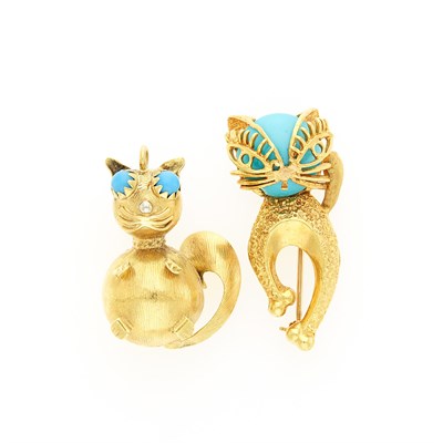 Lot 1006 - Gold and Turquoise Cat Pin and Pendant