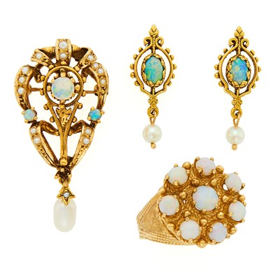 Lot 1153 - Gold, Opal and Freshwater Pearl Ring, Pair of Earrings and Pendant-Brooch