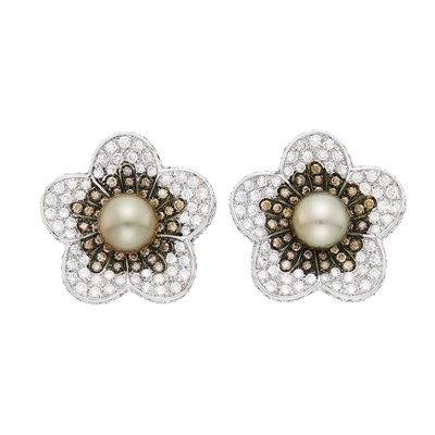 Lot 126 - Pair of Two-Color Gold, Gray Cultured Pearl, Colored Diamond and Diamond Flower Earclips