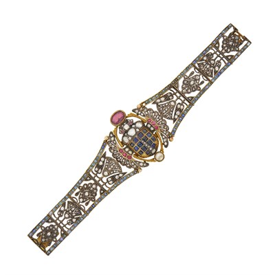 Lot 65 - Egyptian Revival Silver, Gold, Diamond, Gem-Set and Pearl Scarab Bracelet