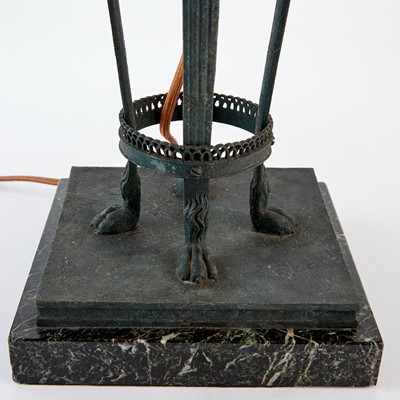 Lot 88 - Neoclassical Style Patinated Metal and Leaded Slag Glass Fluid Table Lamp