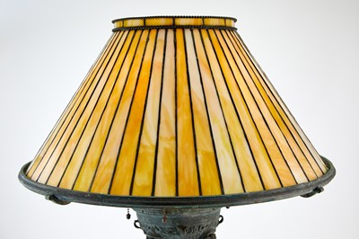 Lot 88 - Neoclassical Style Patinated Metal and Leaded Slag Glass Fluid Table Lamp