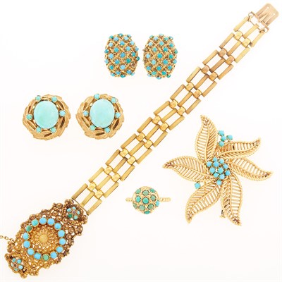 Lot 1136 - Two Pairs of Gold and Turquoise Earclips, Flower Brooch, Ring and Bracelet