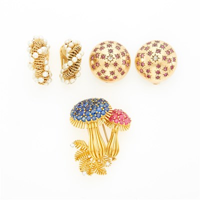 Lot 1189 - Two Pairs of Gold, Gem-Set, Diamond, Simulated Diamond and Cultured Pearl Earclips and Mushroom Clip-Brooch