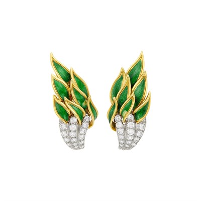 Lot 38 - Tiffany & Co., Schlumberger Pair of Platinum, Gold, Green Enamel and Diamond 'Flame' Earclips