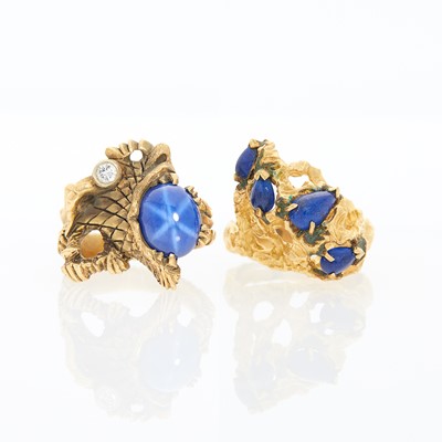 Lot 1224 - Gold, Synthetic Star Sapphire and Diamond Dragon Ring and Lapis Ring