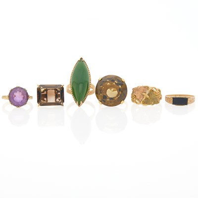 Lot 1230 - Five Gold, Low Karat Gold and Gem-Set Rings