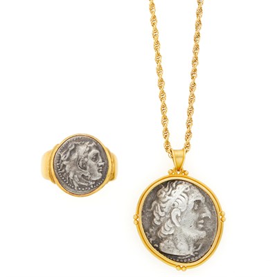 Lot 1013 - Gold and Silver Coin Ring and Pendant with Chain Necklace