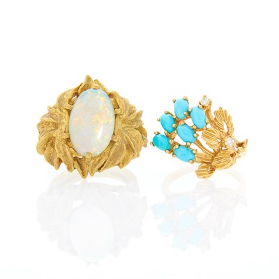 Lot 1035 - Gold and White Opal Ring and Turquoise and Diamond Ring