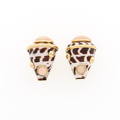 Lot 1020 - Maz Pair of Gold, Shell and Angel Skin Coral Earclips