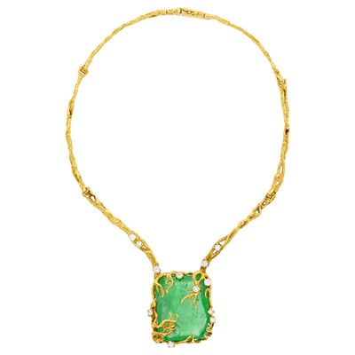 Lot 221 - Arthur King Gold, Emerald and Diamond Pendant-Necklace
