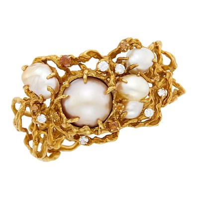 Lot 220 - Arthur King Gold, Baroque Cultured Pearl, Diamond and Colored Diamond Bracelet
