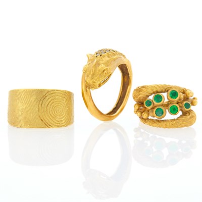 Lot 1010 - Three Gold, Emerald and Diamond Rings