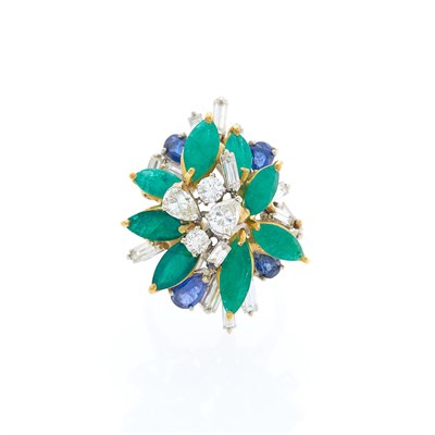 Lot 1261 - Two-Color Gold, Emerald, Diamond and Sapphire Cluster Ring