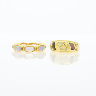 Lot 1009 - Gold, Yellow and Gray Mother-of-Pearl Band Ring and Chalcedony Band Ring