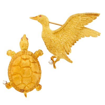 Lot 1202 - Two Gold and Diamond Goose and Turtle Pins
