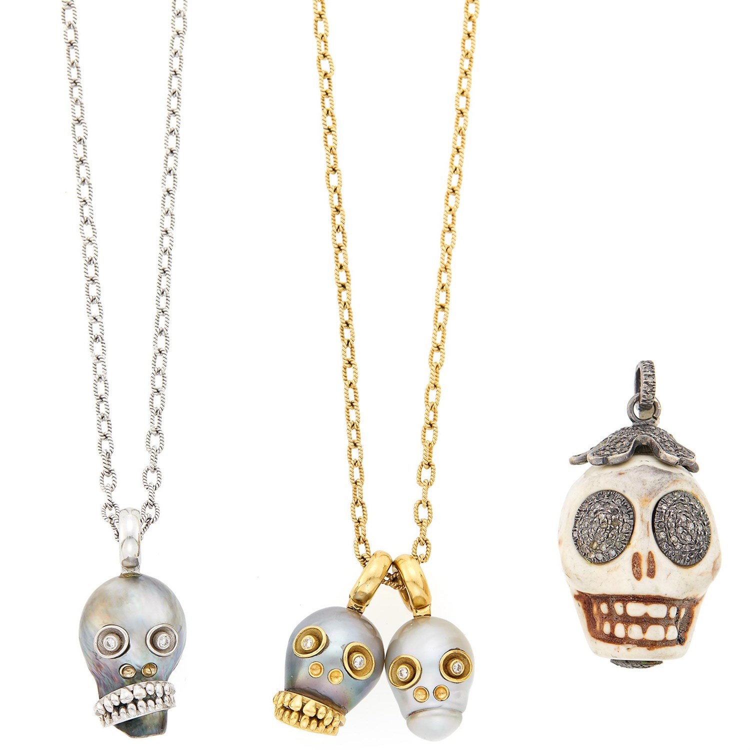 Lot 1056 - Four Gold, Gray and White Baroque South Sea Cultured Pearl, Carved Hardstone and Diamond Skull Pendants with Two Long Chains