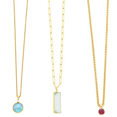 Lot 1082 - Three Gold and Gem-Set Pendants with Chain Necklaces