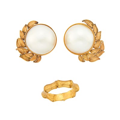 Lot 1225 - Pair of Gold and Mabé Pearl Earclips and Tiffany & Co. Bamboo Band Ring