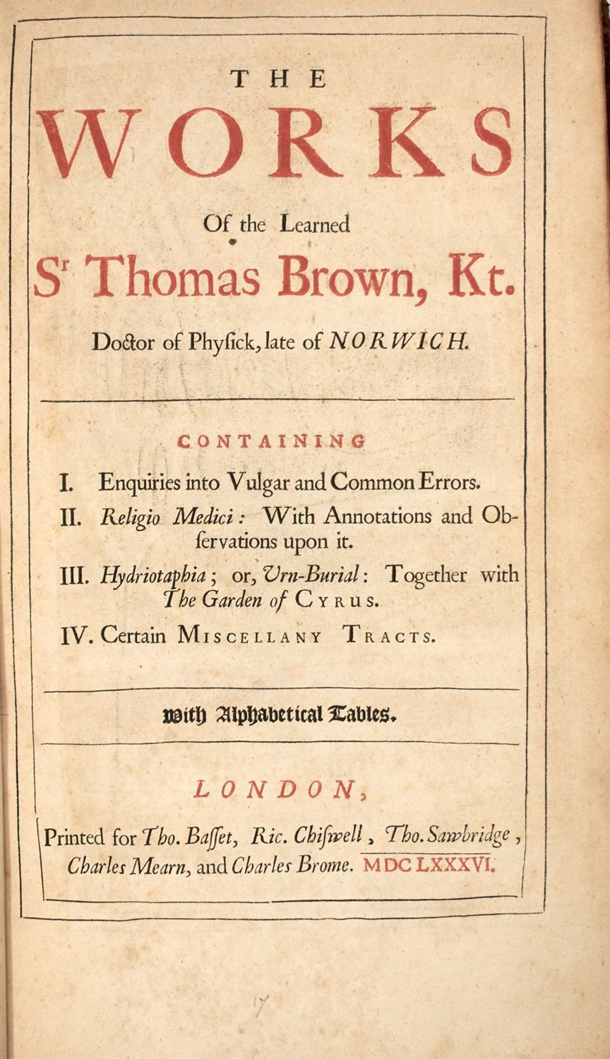 Lot 11 - BROWN, SIR THOMAS. The Works of the Learned...