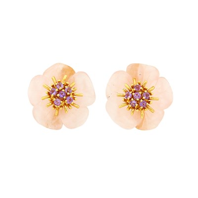 Lot 1229 - Pair of Gold, Carved Rose Quartz and Amethyst Flower Earclips