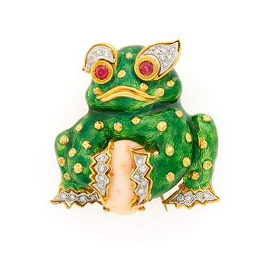 Lot 1213 - Gold, Green Enamel, Angel Skin Coral, Diamond and Ruby Frog Clip-Brooch