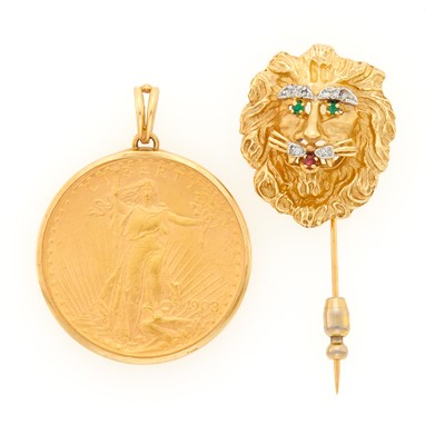 Lot 1090 - Gold and Gem-Set Lion's Head Stick Pin and United States Coin Pendant