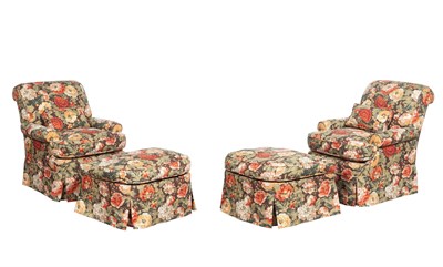 Lot 218 - Pair of Upholstered Club Chairs and Ottomans...
