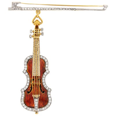 Lot 1270 - Two-Color Gold, Enamel and Diamond Violin Brooch