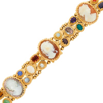 Lot 1152 - Double Strand Gold and Hardstone Slide Charm Bracelet-Watch