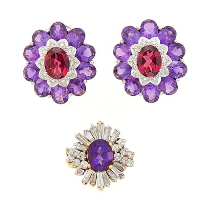 Lot 1266 - Pair of White Gold, Garnet, Amethyst and Diamond Earrings and Two-Color Gold, Amethyst and Diamond Ring