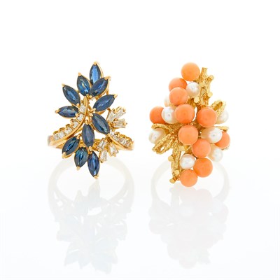 Lot 1155 - Gold, Coral and Freshwater Pearl Ring and Sapphire and Diamond Ring