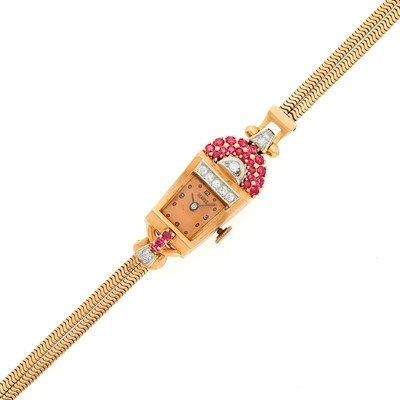 Lot 1188 - Double Strand Snake Link Rose Gold, Ruby and Diamond Wristwatch