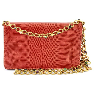 Lot 182 - Judith Leiber Red Lizard Bag with Hardstone Chain