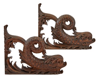 Lot 96 - Pair of Renaissance Style Carved and Dark Stained Wood Dolphin-Form Elements