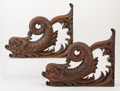 Lot 96 - Pair of Renaissance Style Carved and Dark Stained Wood Dolphin-Form Elements