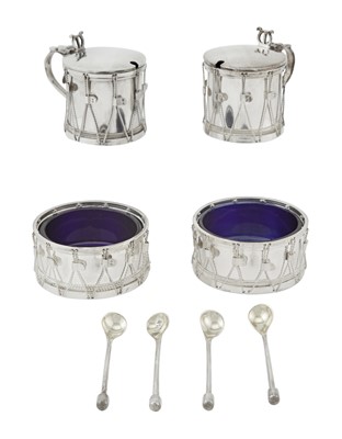 Lot 169 - Elizabeth II Sterling Silver Novelty Drum-Form Condiment Set